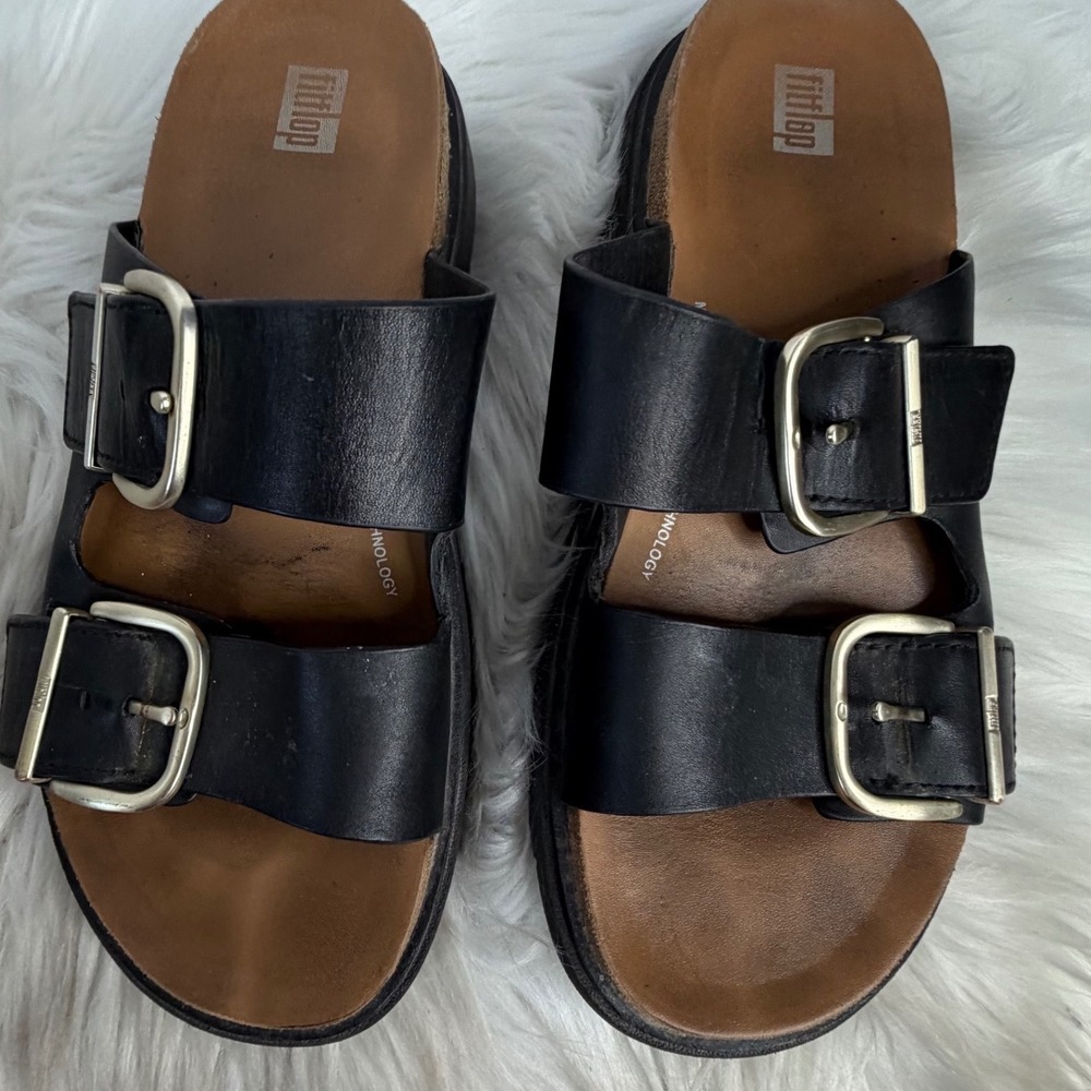 FitFlop Pilar Leather Buckle Platform Slides Black HE8-001 US 8 - Picture 2 of 5